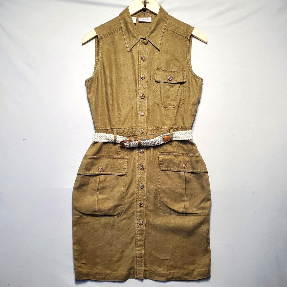 VTG Rafaella Petites 100% Linen Dress Women 6P Olive Green Belted Safari Utility